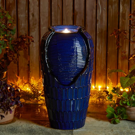 Glitzhome® 28.25" LED Petals Textured Ceramic Jar Outdoor Floor Fountain